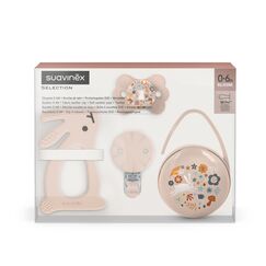 Suavinex Welcome Baby Feeding Gift Set of 5 for New Born Baby, Feeding Bottles, Pacifier, Pacifier Holder & Powdered Milk Dispenser, Color: pink
