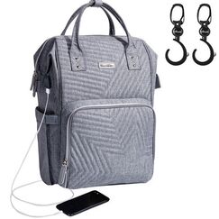 Sunveno Diaper Bag With Usb Port And Stroller Hooks, Color: Grey