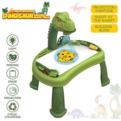 Little Story Diy T-Rex 3-In-1 Spinning Puzzle Block Table, Projection Drawing Board & Learning Table Set (81 Pcs), Stem Series - Multicolor
