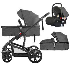 Teknum 3In1 Baby Stroller Travel System Sleeping Bassinet Extra Wide Seat 360° Rotating Wheels Fully Reclinable Car Seat Compatible Coffee Holder Spill Proof Mat 0-3 Years, Color: Space Grey