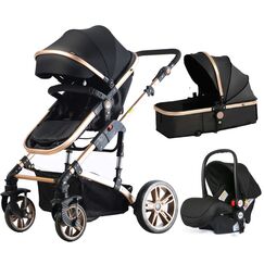 Teknum 3In1 Baby Stroller Travel System Sleeping Bassinet Extra Wide Seat 360° Rotating Wheels Fully Reclinable Car Seat Compatible Coffee Holder Spill Proof Mat 0-3 Years, Color: Black & Gold