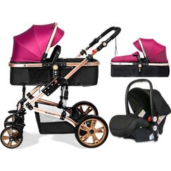 Teknum 3In1 Baby Stroller Travel System Sleeping Bassinet Extra Wide Seat 360° Rotating Wheels Fully Reclinable Car Seat Compatible Coffee Holder Spill Proof Mat 0-3 Years, Color: Wine