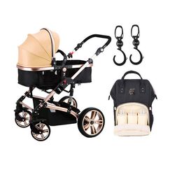 Teknum 3 In 1 Stroller Black With Sunveno Diaper Bag And Hooks 0–3 Years Up To 18Kg, Color: Gold