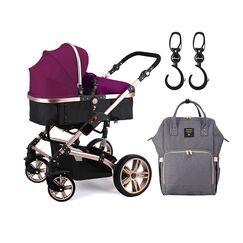 Teknum 3 In 1 Stroller Black With Sunveno Diaper Bag And Hooks 0–3 Years Up To 18Kg, Color: Wine