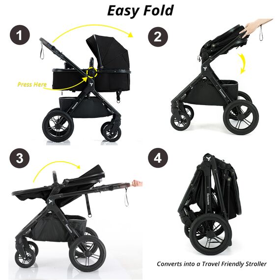 Teknum 3In1 Compacto Baby Stroller With Bassinet Air Cabin Friendly 0-36 Months, Color: Black, 4 image