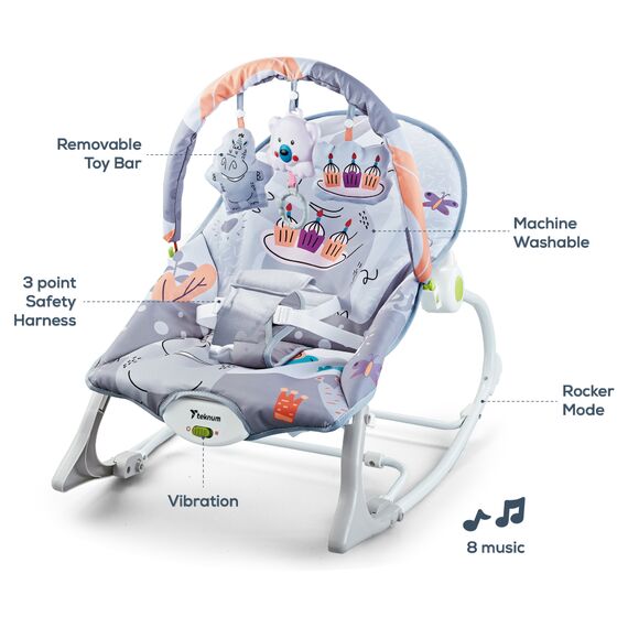 Teknum 3-In-1 Rocker Baby Seat & Recliner With Soothing Music Party Grey Up To 18Kg, 4 image