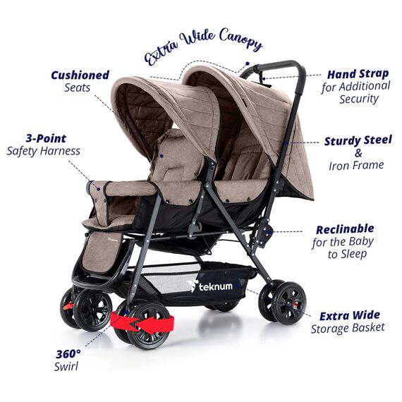 Teknum Double Baby Stroller Twin 6-36 Months 20Kg, Color: Khaki, 2 image