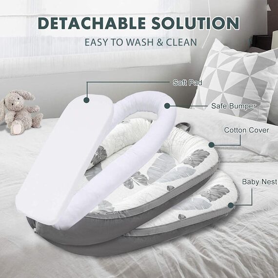 Little Story Fiberfill Newborn Lounger Bed With Feeding Pillow, Color: Grey, 11 image