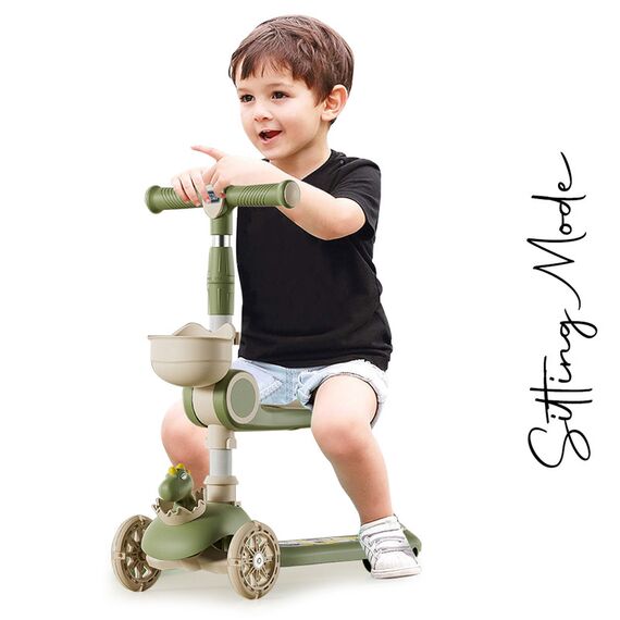 Little Story Kids Scooter & Ride-On Dinosaur Design With Seat & Basket 2-In-1, Color: Green, 3 image