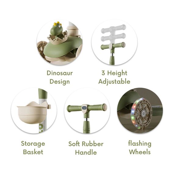 Little Story Kids Scooter & Ride-On Dinosaur Design With Seat & Basket 2-In-1, Color: Green, 4 image