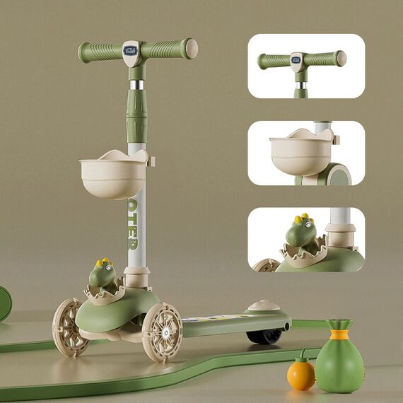 Little Story Kids Scooter & Ride-On Dinosaur Design With Seat & Basket 2-In-1, Color: Green, 6 image