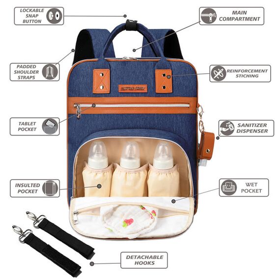 Little Story 2In1 Diaper Bag With Sanitizer Bottle Keychain & Stroller Hooks, Color: Blue, 2 image