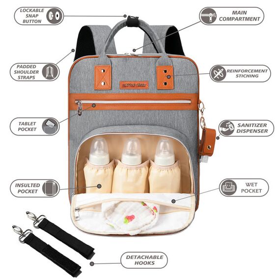 Little Story 2In1 Diaper Bag With Sanitizer Bottle Keychain & Stroller Hooks, Color: Grey, 2 image