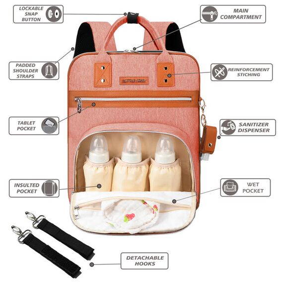 Little Story 2In1 Diaper Bag With Sanitizer Bottle Keychain & Stroller Hooks, Color: pink, 2 image