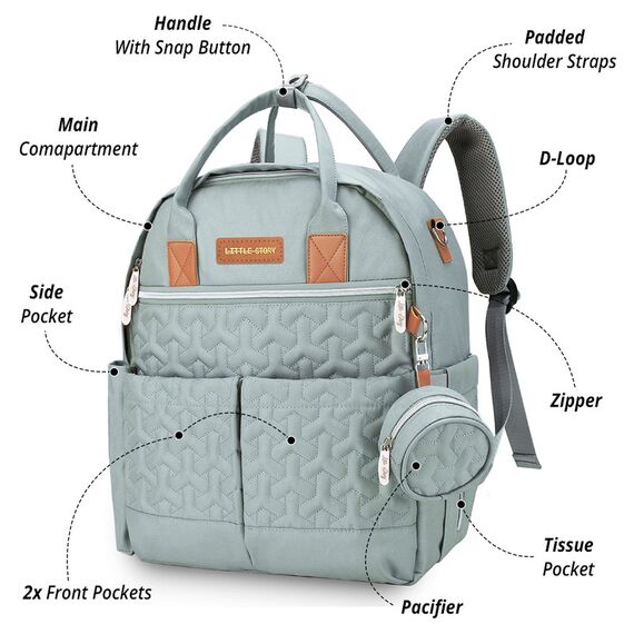 Little Story Quilted Diaper Backpack With Pacifier Bag And Stroller Hooks, 3 image