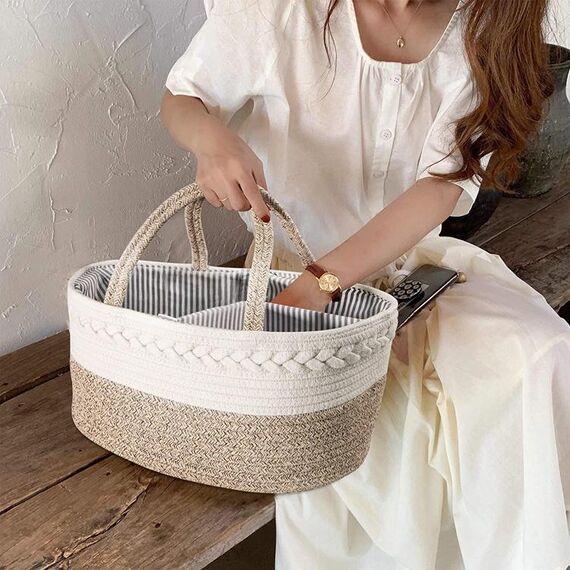 Little Story Cotton Rope Diaper Caddy, Color: Ivory, 6 image