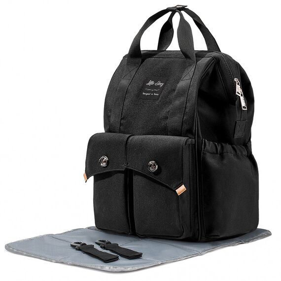 Little Story Elite Diaper Bag With Stroller Hooks And Changing Mat, Color: Black
