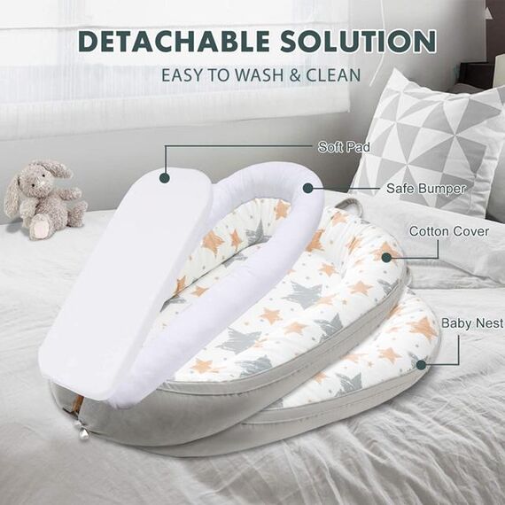 Little Story Soft Breathable Fiberfill Newborn Lounger Bed, Color: Grey & Yellow, 8 image