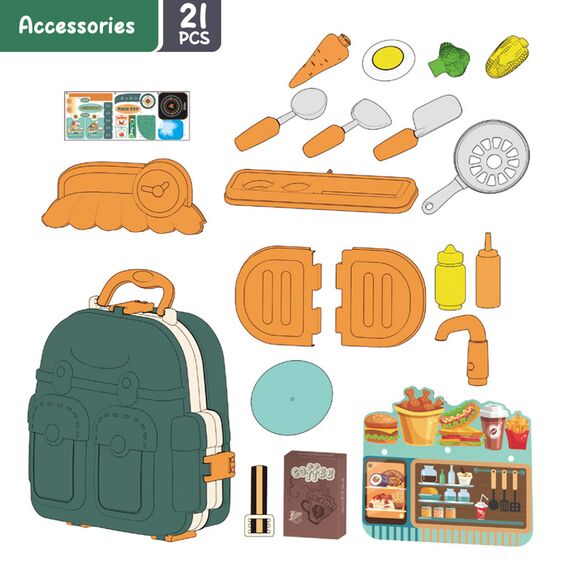 Little Story Role Play Chef / Kitchen / Restaurant Toy Set School Bag (21 Pcs) - Green, 3-In-1 Mode, 10 image