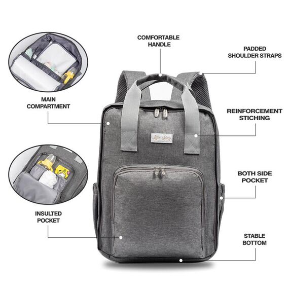 Little Story Stylish Diaper Travel Backpack 14L With Changing Pad Grey, 5 image