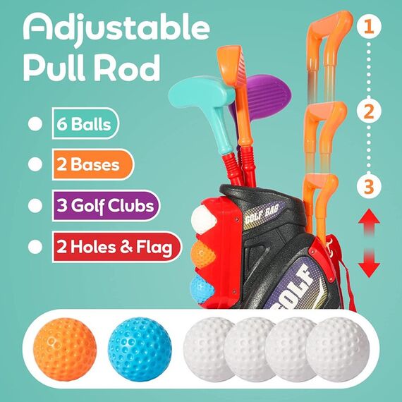 Little Story Kids Golf Kit With Mobility Cart 3 Clubs 6 Balls Practice Holes And Flags 3+ Years, 12 image