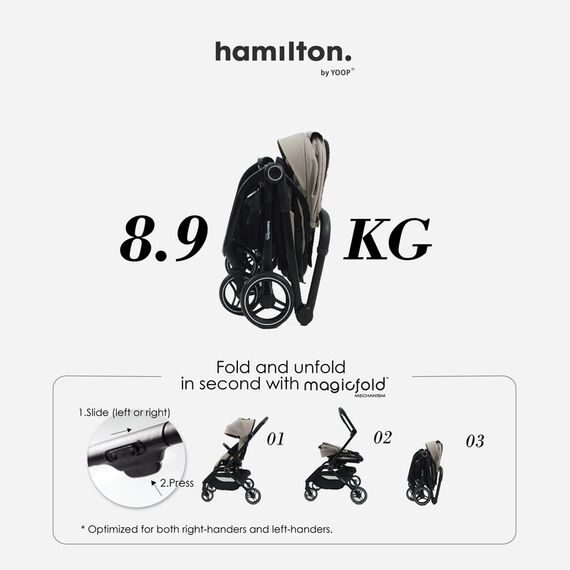 Hamilton by Yoop T1 Buggy 360° Rotating Seat MagicFold Technology Lightweight Folding Stroller, Color: Kaki