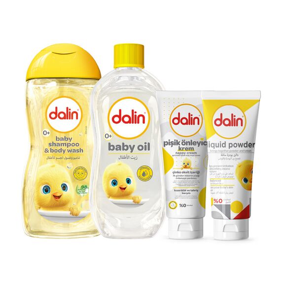 Dalin 5 Pieces Baby Gift Set – Baby Shampoo and Body Wash 200ml, Baby Oil 200ml, Baby Liquid Powder 100ml, Nappy Cream 100ml
