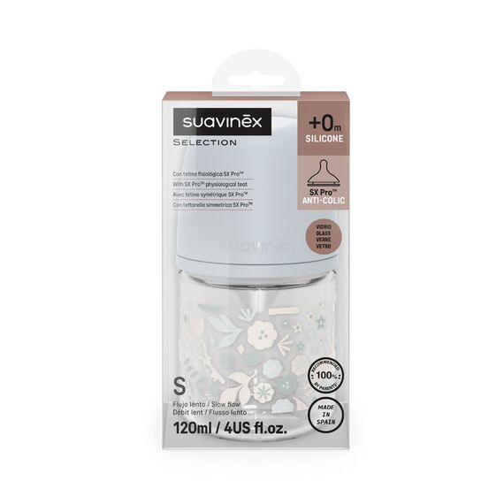 Suavinex Wonderland Glass Baby Bottle with Slow Flow Physiological Teat 120ml 0+ Months, Color: Blue, 2 image