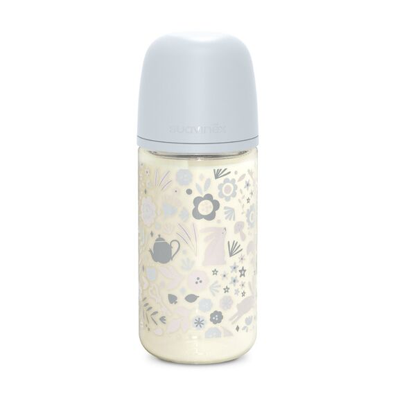 Suavinex Glass Baby Feeding Bottle with Medium Flow Physiological Nipple Teat, Mimics Natural Breastfeeding Experience, +3 Months 240ml, Color: Blue