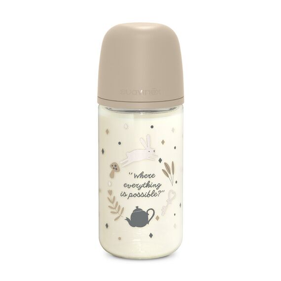 Suavinex Glass Baby Feeding Bottle with Medium Flow Physiological Nipple Teat, Mimics Natural Breastfeeding Experience, +3 Months 240ml, Color: Beige