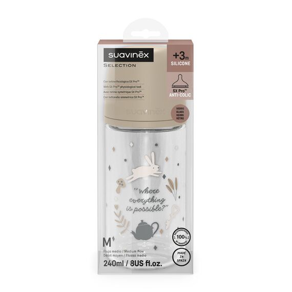 Suavinex Glass Baby Feeding Bottle with Medium Flow Physiological Nipple Teat, Mimics Natural Breastfeeding Experience, +3 Months 240ml, Color: Beige, 2 image