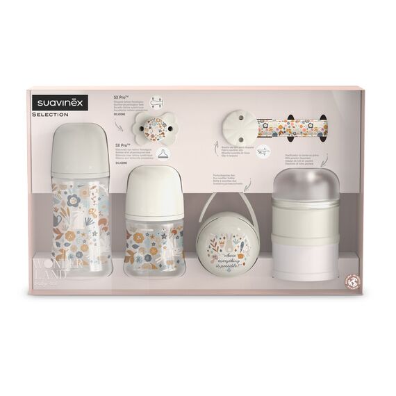Suavinex Welcome Baby Feeding Gift Set of 5 for New Born Baby, Feeding Bottles, Pacifier, Pacifier Holder & Powdered Milk Dispenser, Color: Beige