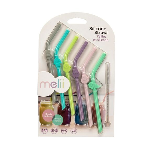 Melii Silicone Straws with Animals Clip Design & Cleaning Brush Set of 6 pcs