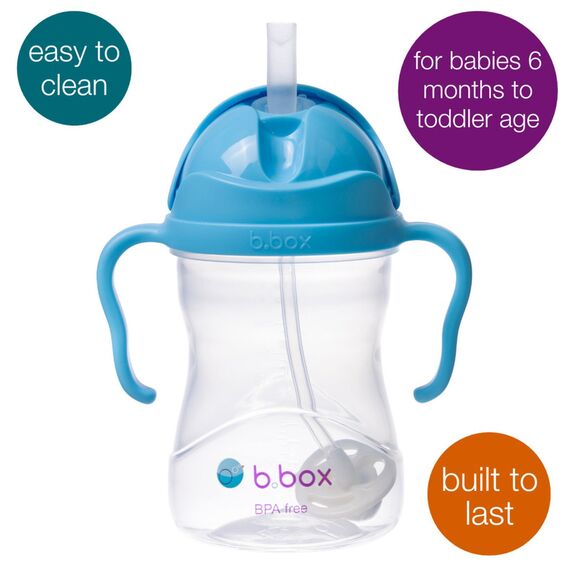 b.box Sippy Cup | Drink from Any Angle | Fliptop, Weighted Straw, Leak Proof & Easy Grip | From 6m+ | 240ml, Color: Blue
