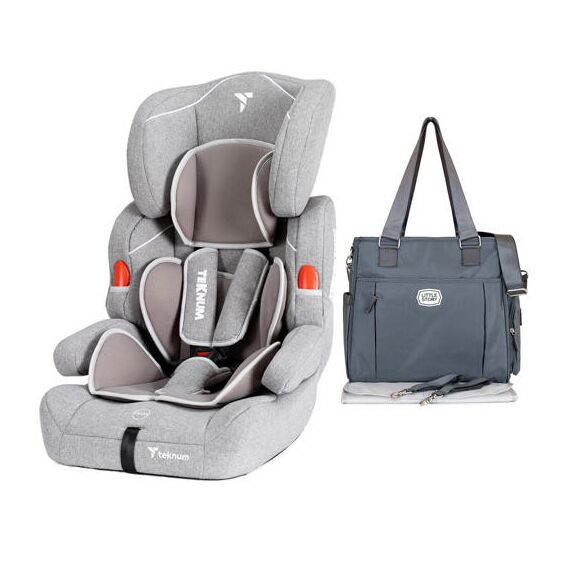 Teknum Nova Car Seat Travel Combo Group 1/2/3 9Kg-36Kg With Luxury Diaper Bag, Color: Grey