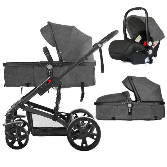 Teknum 3In1 Baby Stroller Travel System Sleeping Bassinet Extra Wide Seat 360° Rotating Wheels Fully Reclinable Car Seat Compatible Coffee Holder Spill Proof Mat 0-3 Years, Color: Space Grey
