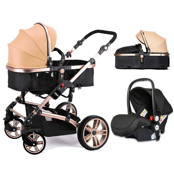 Teknum 3In1 Baby Stroller Travel System Sleeping Bassinet Extra Wide Seat 360° Rotating Wheels Fully Reclinable Car Seat Compatible Coffee Holder Spill Proof Mat 0-3 Years, Color: Khaki