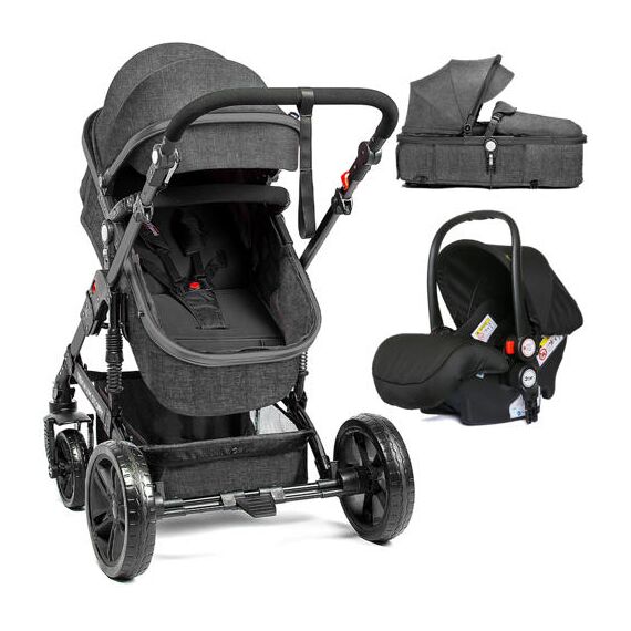 Teknum 3In1 Baby Stroller Travel System Sleeping Bassinet Extra Wide Seat 360° Rotating Wheels Fully Reclinable Car Seat Compatible Coffee Holder Spill Proof Mat 0-3 Years, Color: Dark Grey
