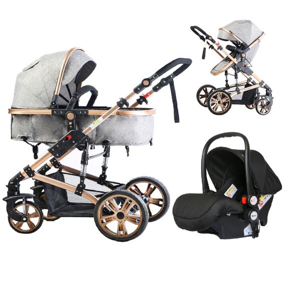 Teknum 3In1 Baby Stroller Travel System Sleeping Bassinet Extra Wide Seat 360° Rotating Wheels Fully Reclinable Car Seat Compatible Coffee Holder Spill Proof Mat 0-3 Years, Color: Grey & Gold