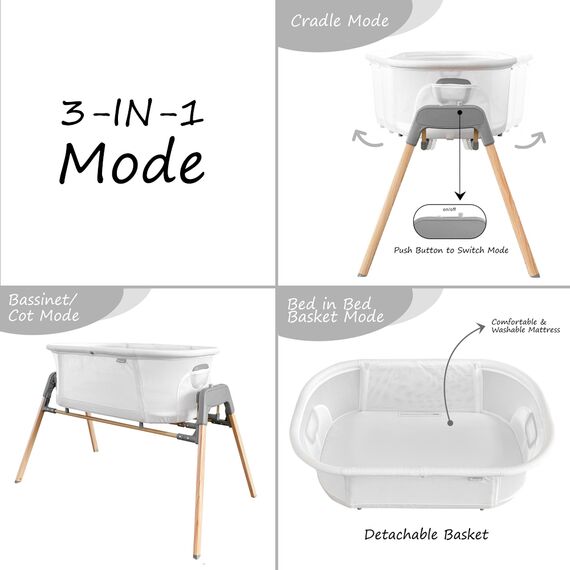 Teknum 3In1 Baby Rocker Bassinet Infant Crib With Mosquito Net 0-6 Months, Color: White, 9 image