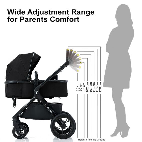 Teknum 3In1 Compacto Baby Stroller With Bassinet Air Cabin Friendly 0-36 Months, Color: Black, 9 image