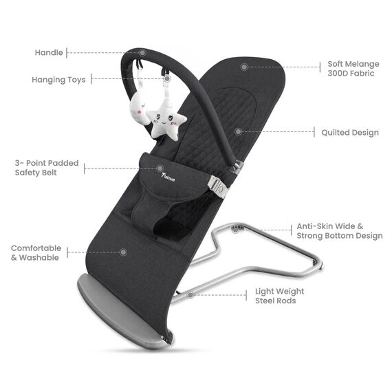 Teknum 3 Stage Baby Bouncer Recliner Seat 0-6 Months 9Kg, Color: Black, 4 image