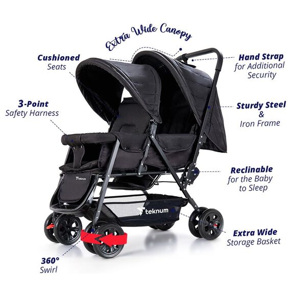 Teknum Double Baby Stroller Twin 6-36 Months 20Kg, Color: Black, 2 image