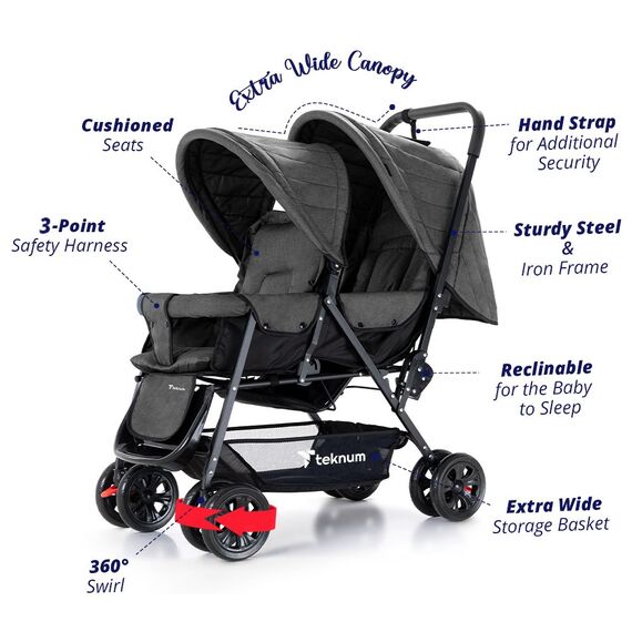 Teknum Double Baby Stroller Twin 6-36 Months 20Kg, Color: Dark Grey, 2 image