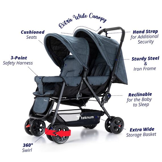 Teknum Double Baby Stroller Twin 6-36 Months 20Kg, Color: Grey, 2 image