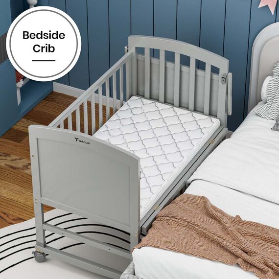 Teknum 7In1 Convertible Kids Bed Bedside Crib With Mattress Mosquito Net 0-12 Years 40Kg, Color: Grey, 5 image