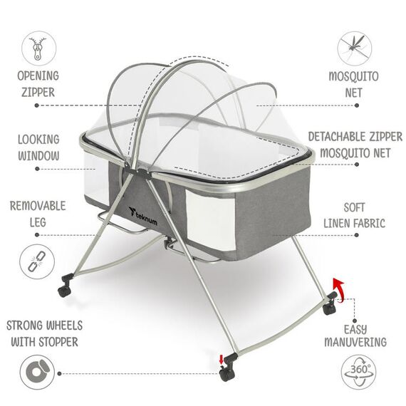 Teknum 3In1 Baby Cot Cradle With Mosquito Net Wheels 0-12 Months 15Kg, Color: Dark Grey, 3 image