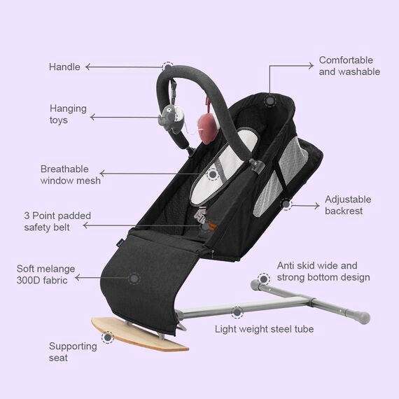 Teknum Baby Bouncer Recliner Seat With Grab Toys 0-6 Months 9Kg, Color: Midnight, 4 image