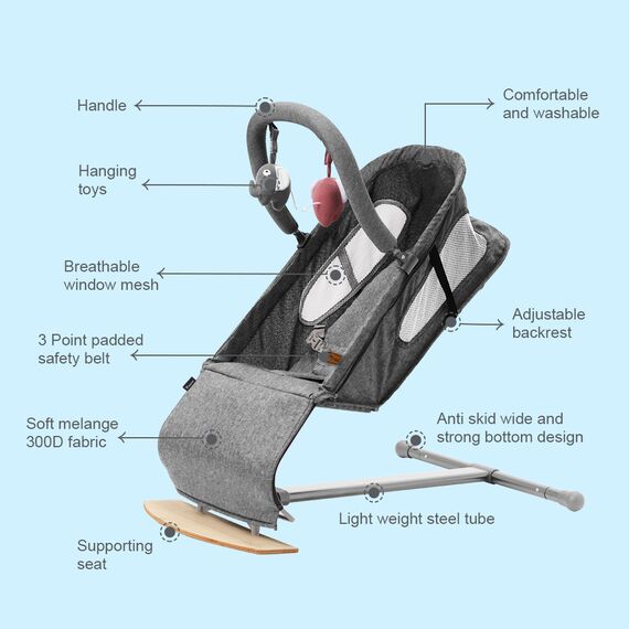 Teknum Baby Bouncer Recliner Seat With Grab Toys 0-6 Months 9Kg, Color: Dark Grey, 2 image