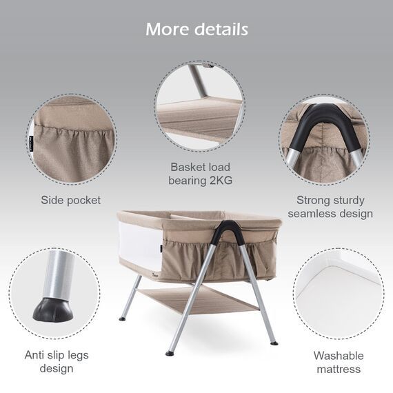 Teknum Fellow 2 Twin Bedside Crib Bassinet 0–6 Months Up To 18Kg, Color: Ivory, 3 image